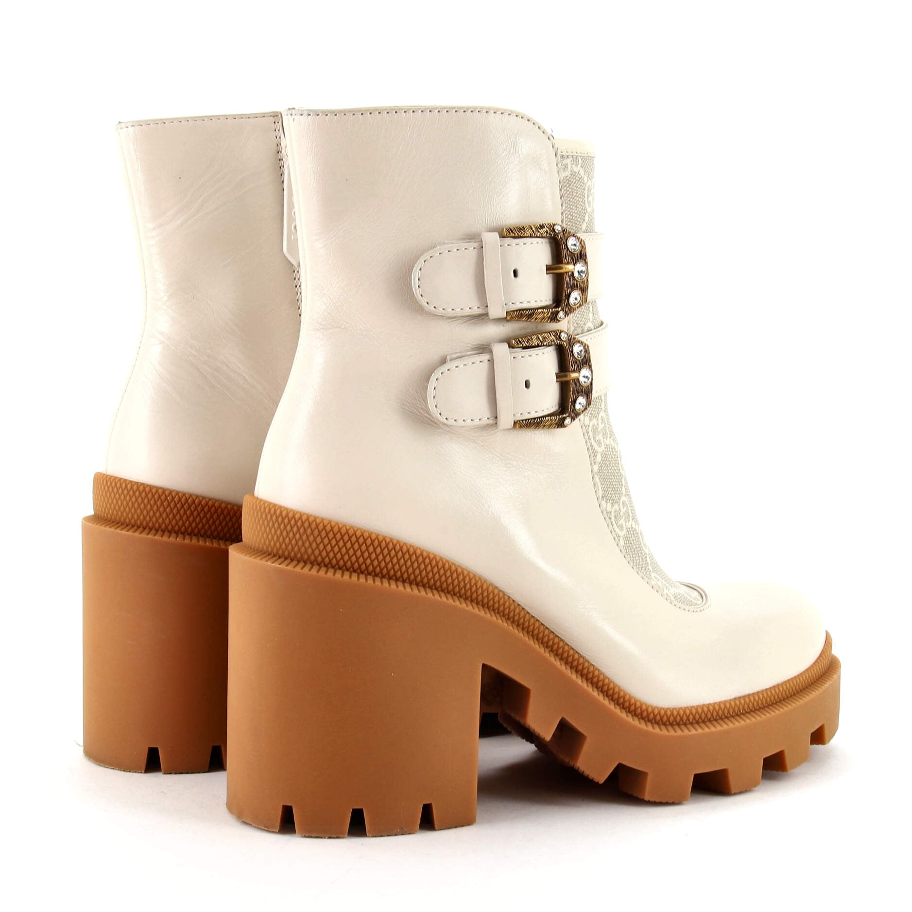 Women's Double Buckle Lug Sole Ankle Boots Leather with GG Coated Canvas