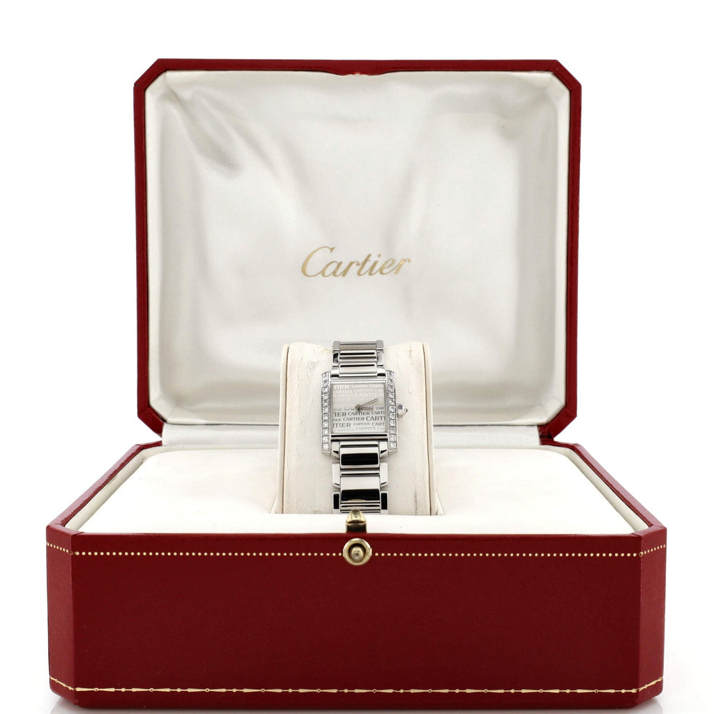 Tank Francaise Anniversary Logo Dial Quartz Watch White Gold with Diamond Bezel 20