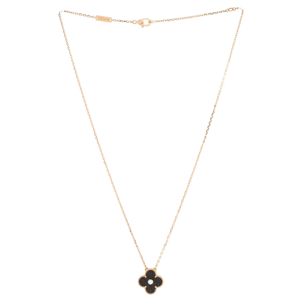 Vintage Alhambra Pendant Necklace 18K Rose Gold and Silver Obsidian with Diamond