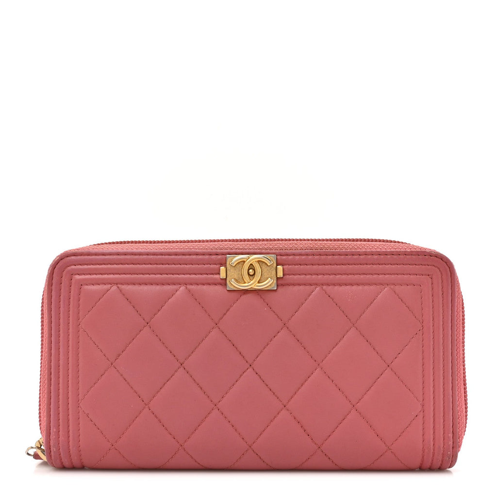 Lambskin Quilted Boy Zip Around Wallet Pink