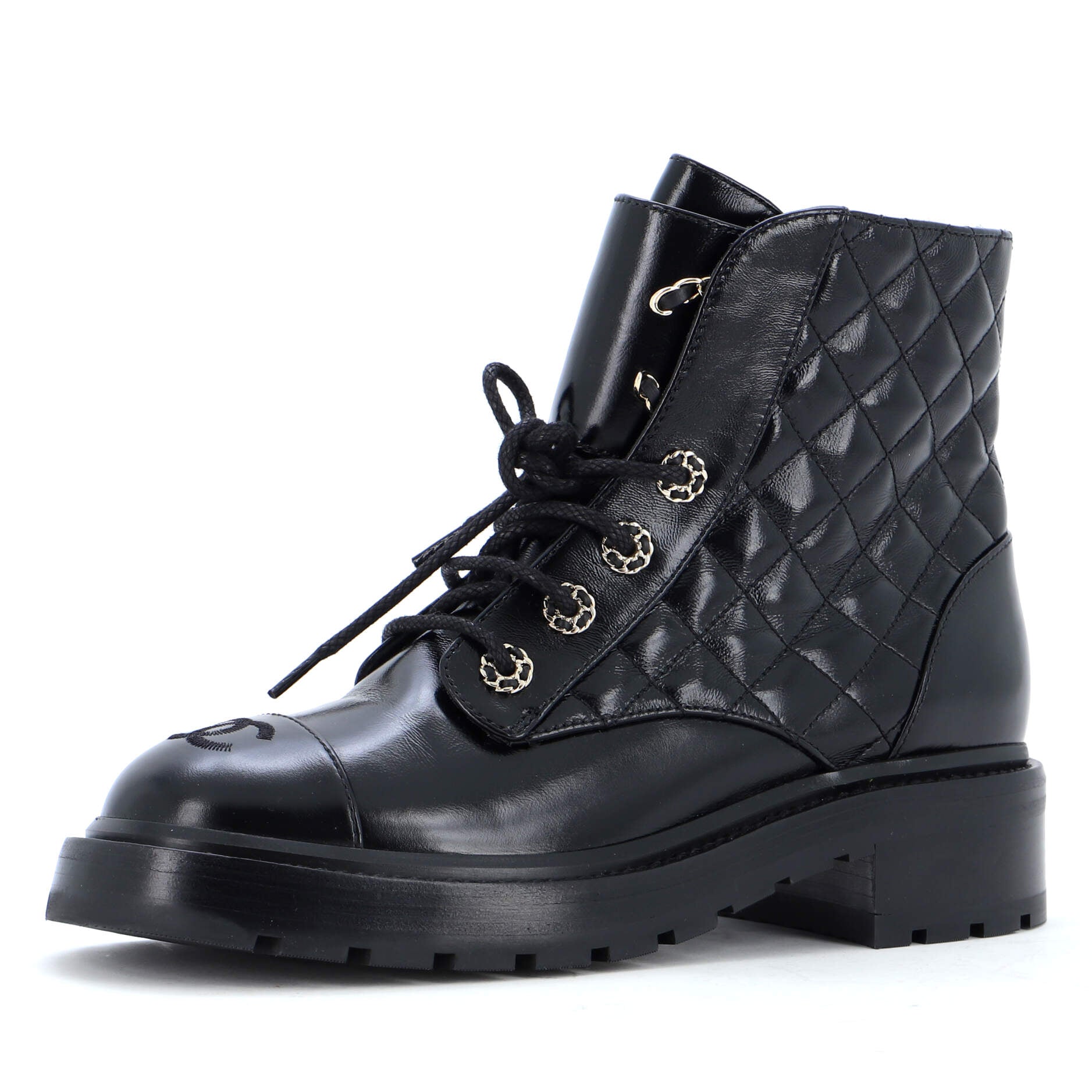 Women's Chain CC Cap Toe Lace Up Combat Boots Quilted Shiny Calfskin