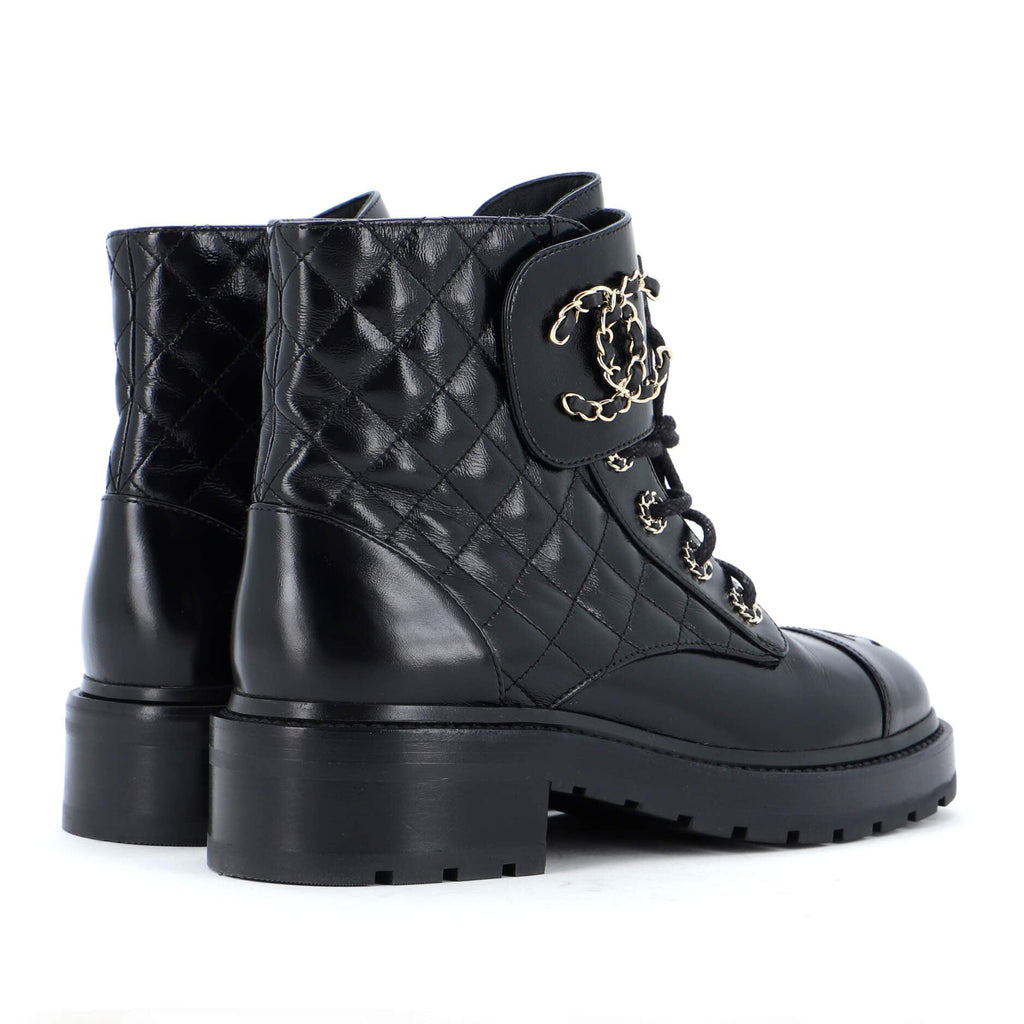 Women's Chain CC Cap Toe Lace Up Combat Boots Quilted Shiny Calfskin