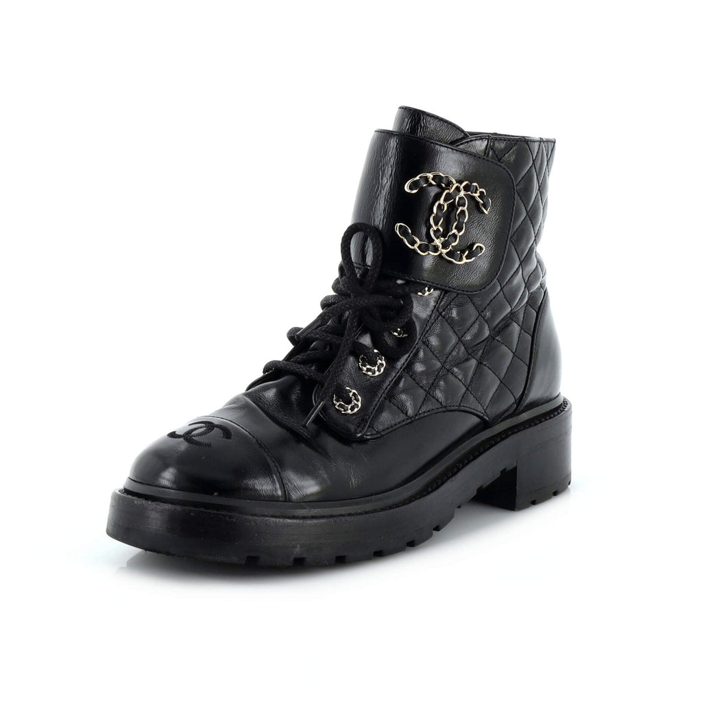 Women's Chain CC Cap Toe Lace Up Combat Boots Quilted Shiny Calfskin