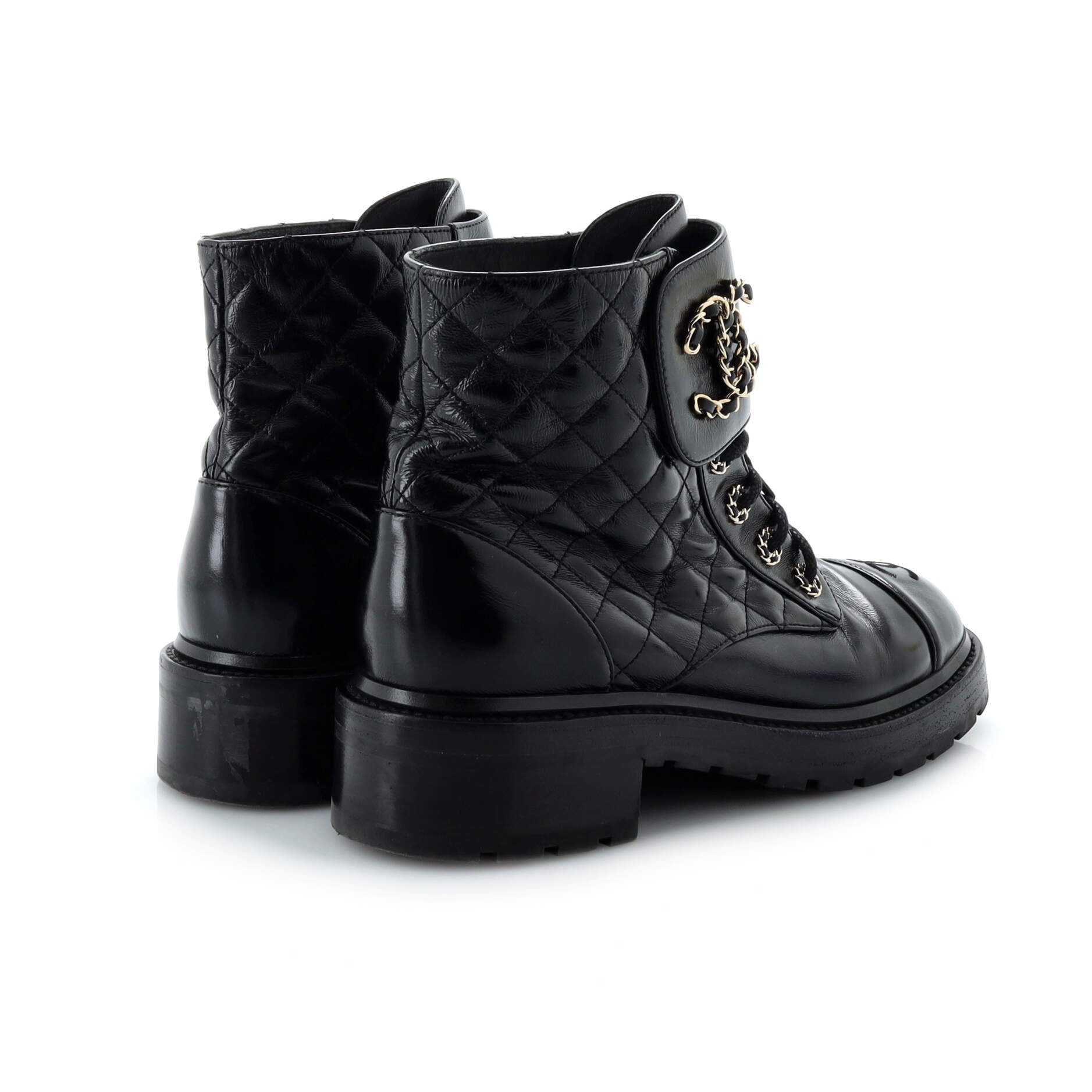 Women's Chain CC Cap Toe Lace Up Combat Boots Quilted Shiny Calfskin