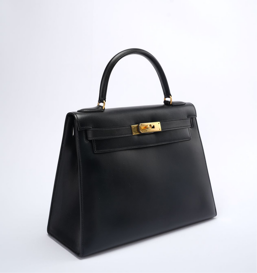 Hermes Vintage Kelly 28 Sellier Bag in Black Calf Box Leather With Gold Hardware