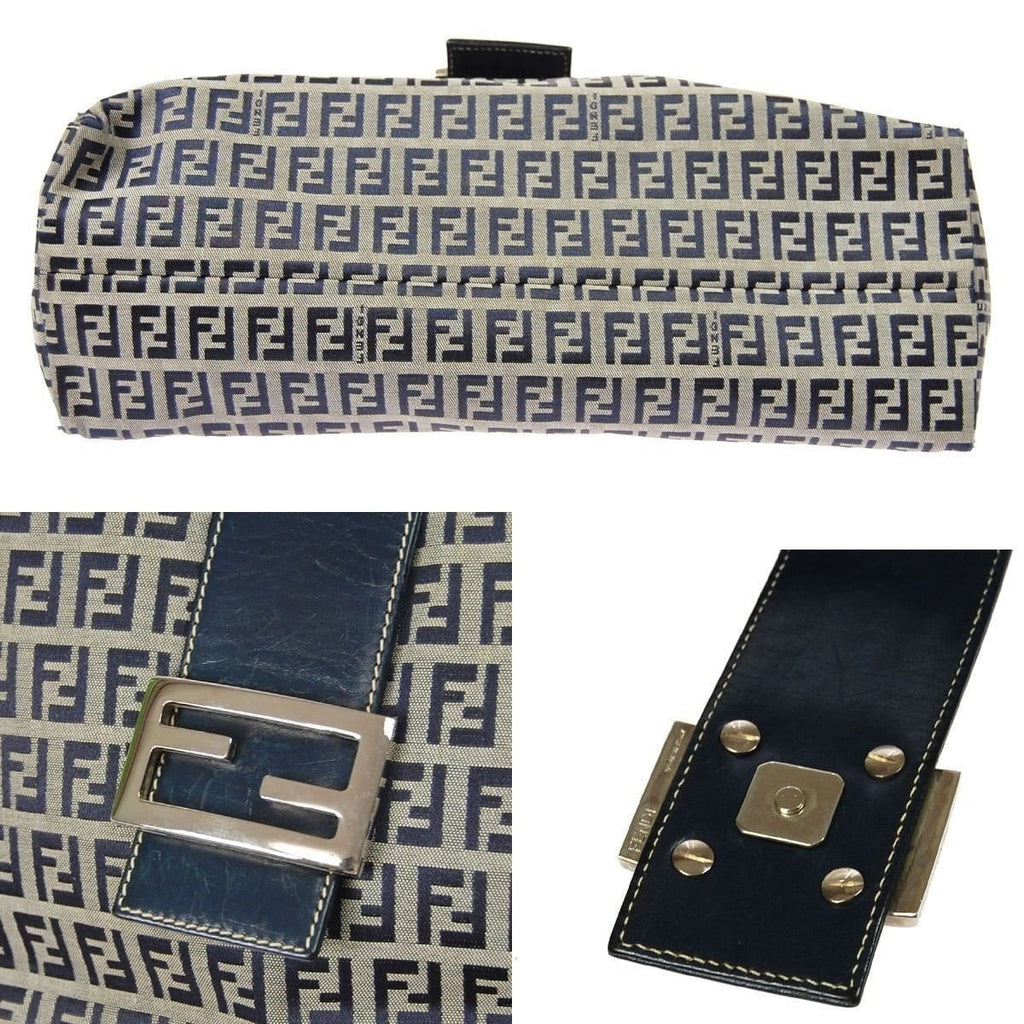 Fendi Zukka Pattern Hand Bag Navy Gray Canvas Leather Vintage Italy TT117