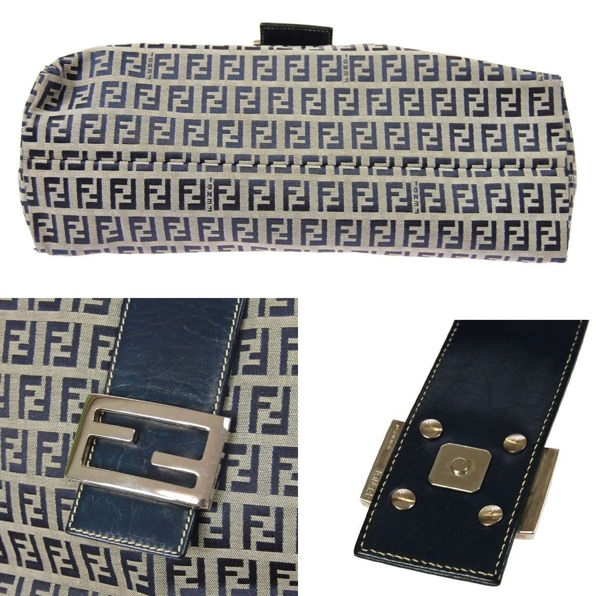 Fendi Zukka Pattern Hand Bag Navy Gray Canvas Leather Vintage Italy TT117