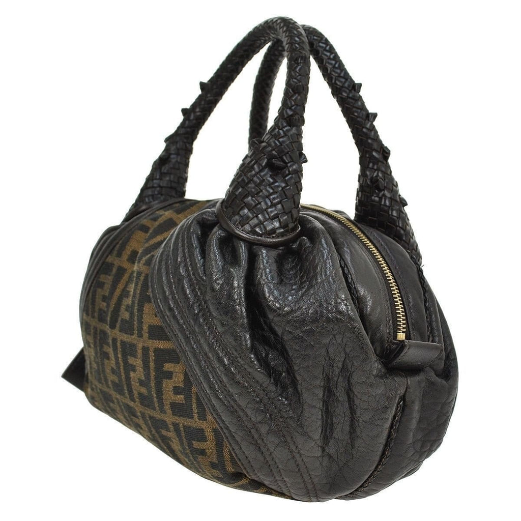 Fendi Zucca Pattern HandBag Brown Nylon Leather