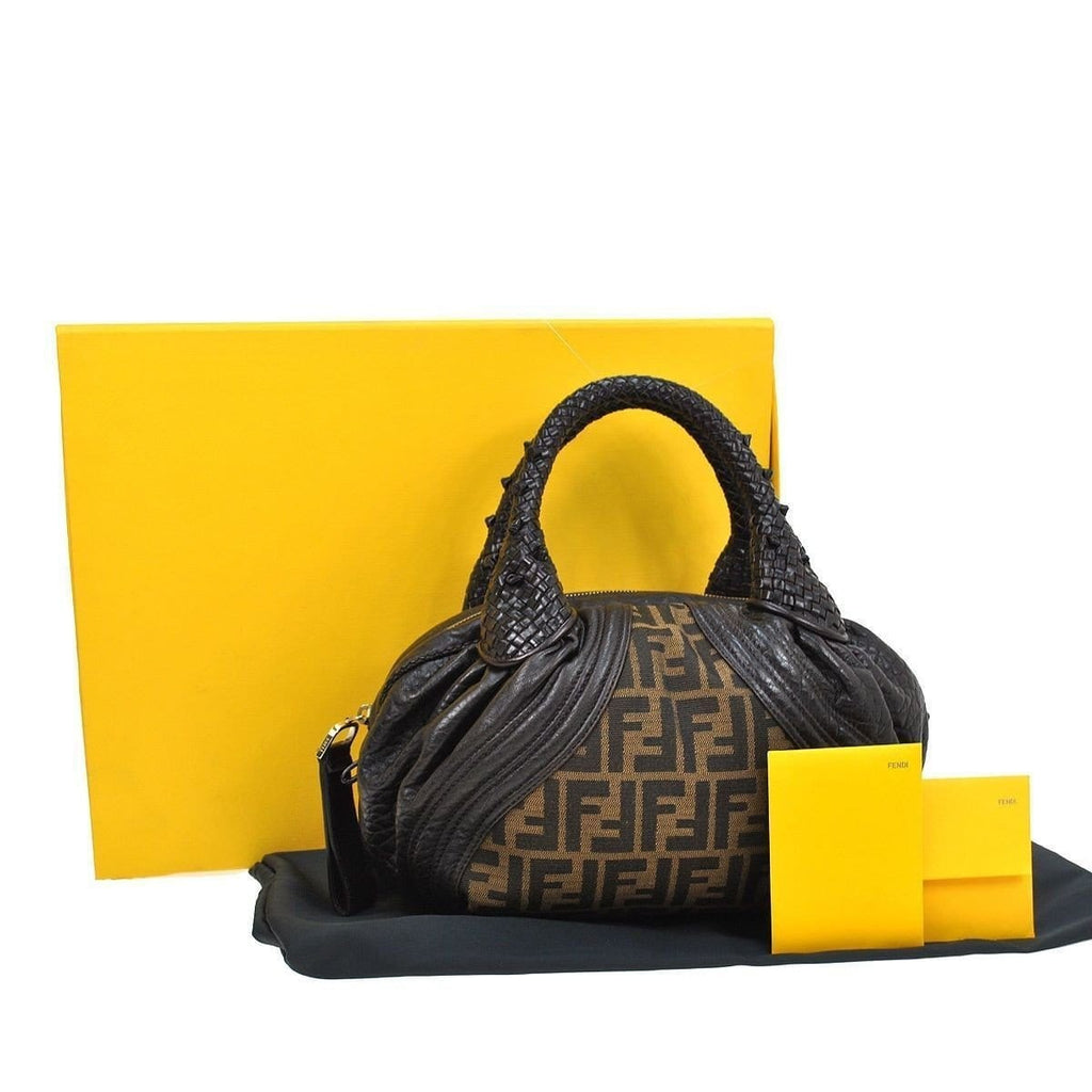 Fendi Zucca Pattern HandBag Brown Nylon Leather