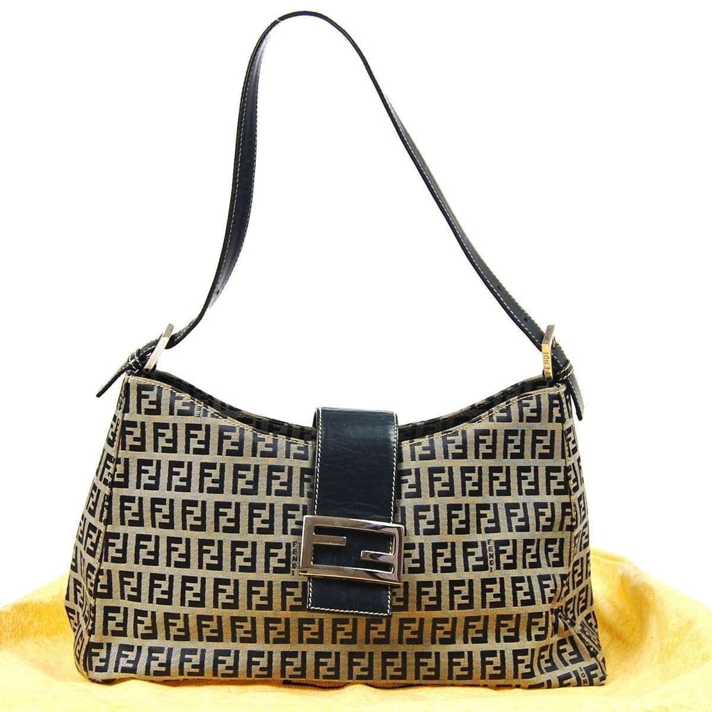 Fendi Zukka Pattern Hand Bag Navy Gray Canvas Leather Vintage Italy TT117