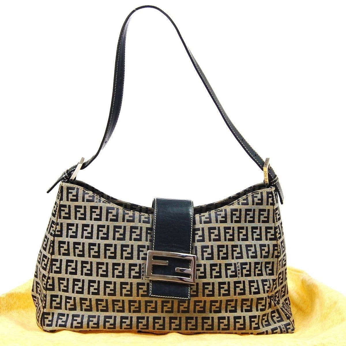 Fendi Zukka Pattern Hand Bag Navy Gray Canvas Leather Vintage Italy TT117