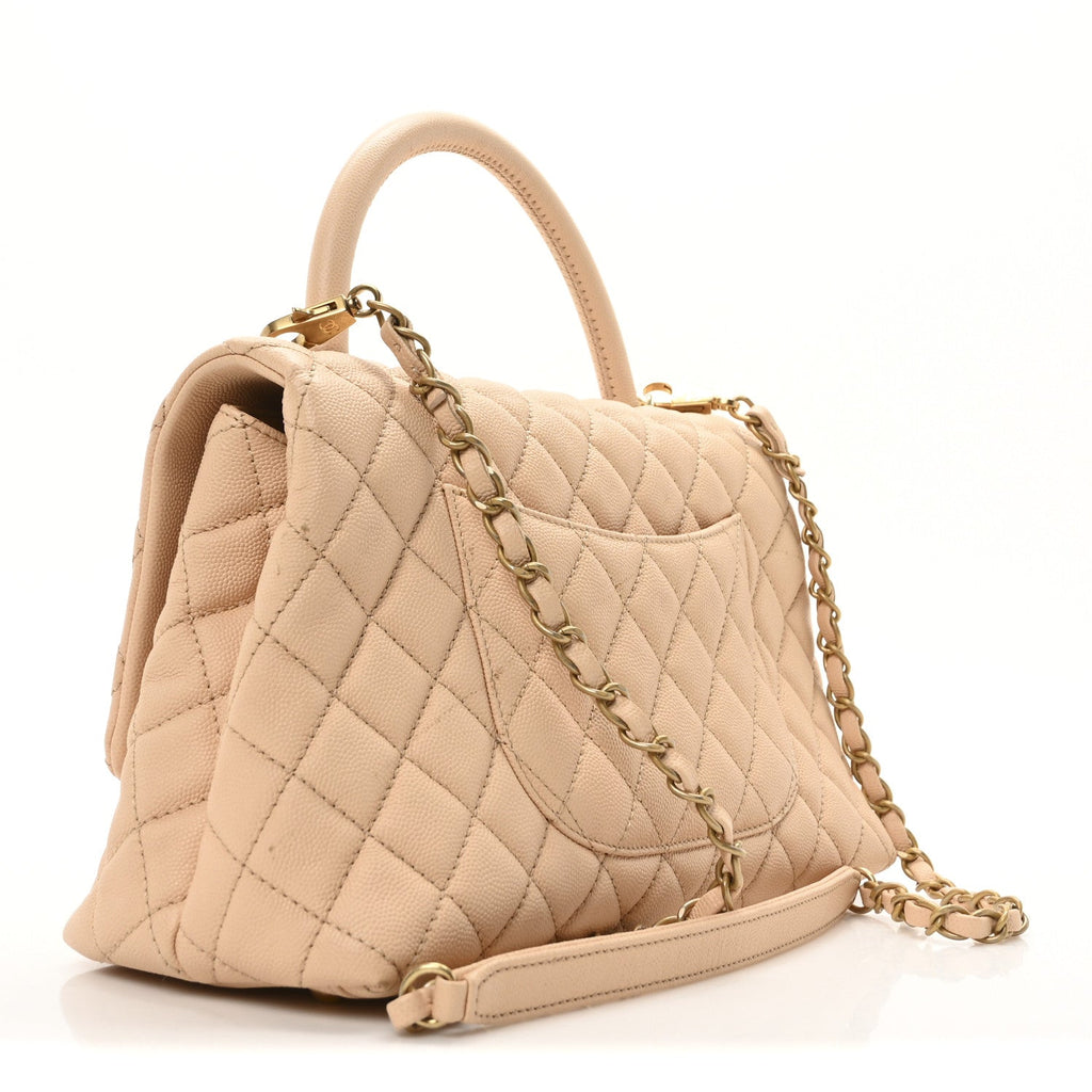 Caviar Quilted Small Coco Handle Flap Beige
