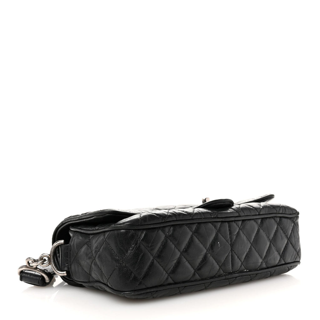 Crumpled Calfskin Quilted Medium Casual Rock Flap Black