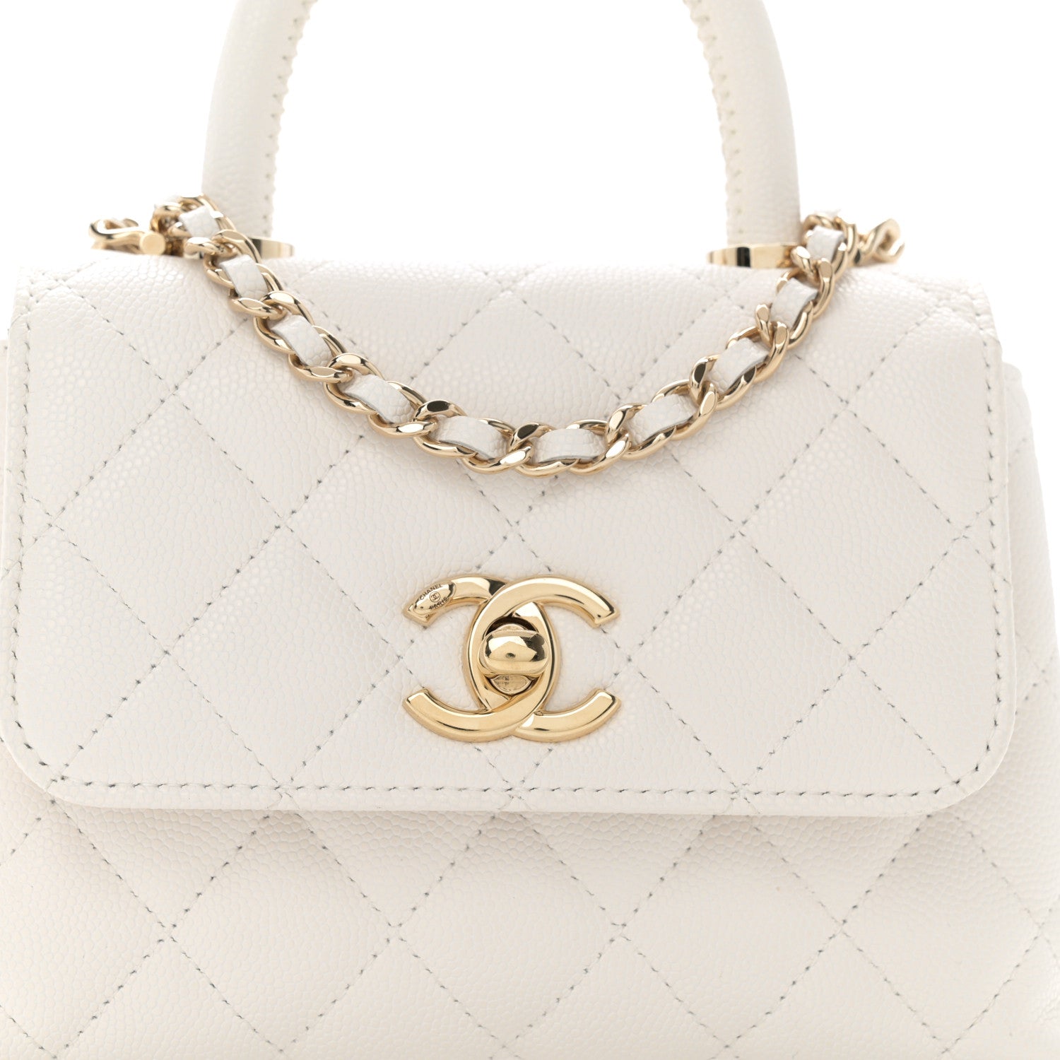 Caviar Quilted Coco Handle Clutch With Chain White