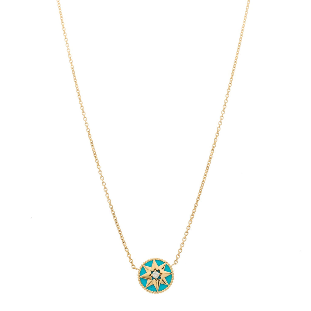 18K Yellow Gold Diamond Turquoise Rose Des Vents Necklace