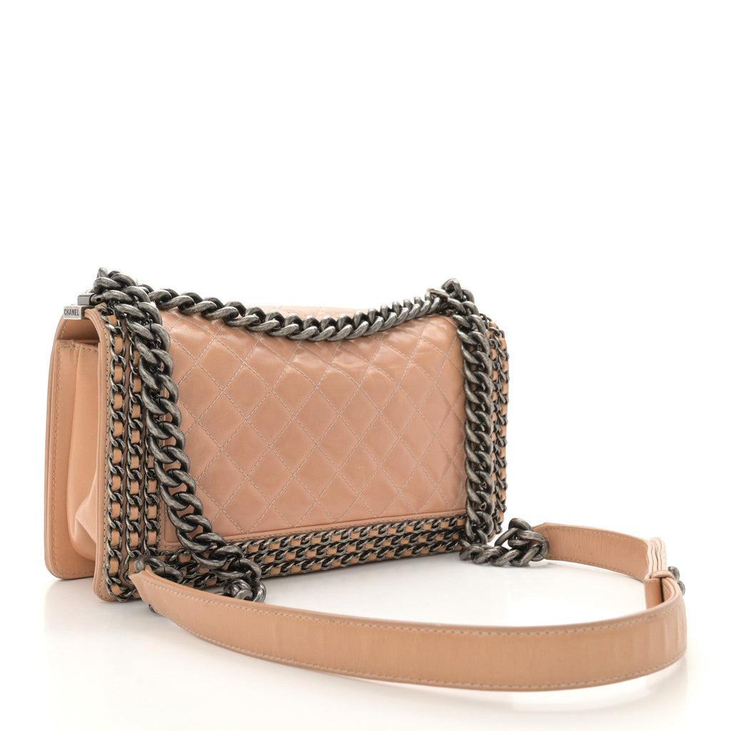 Glazed Calfskin Quilted Medium Boy Chained Flap Beige