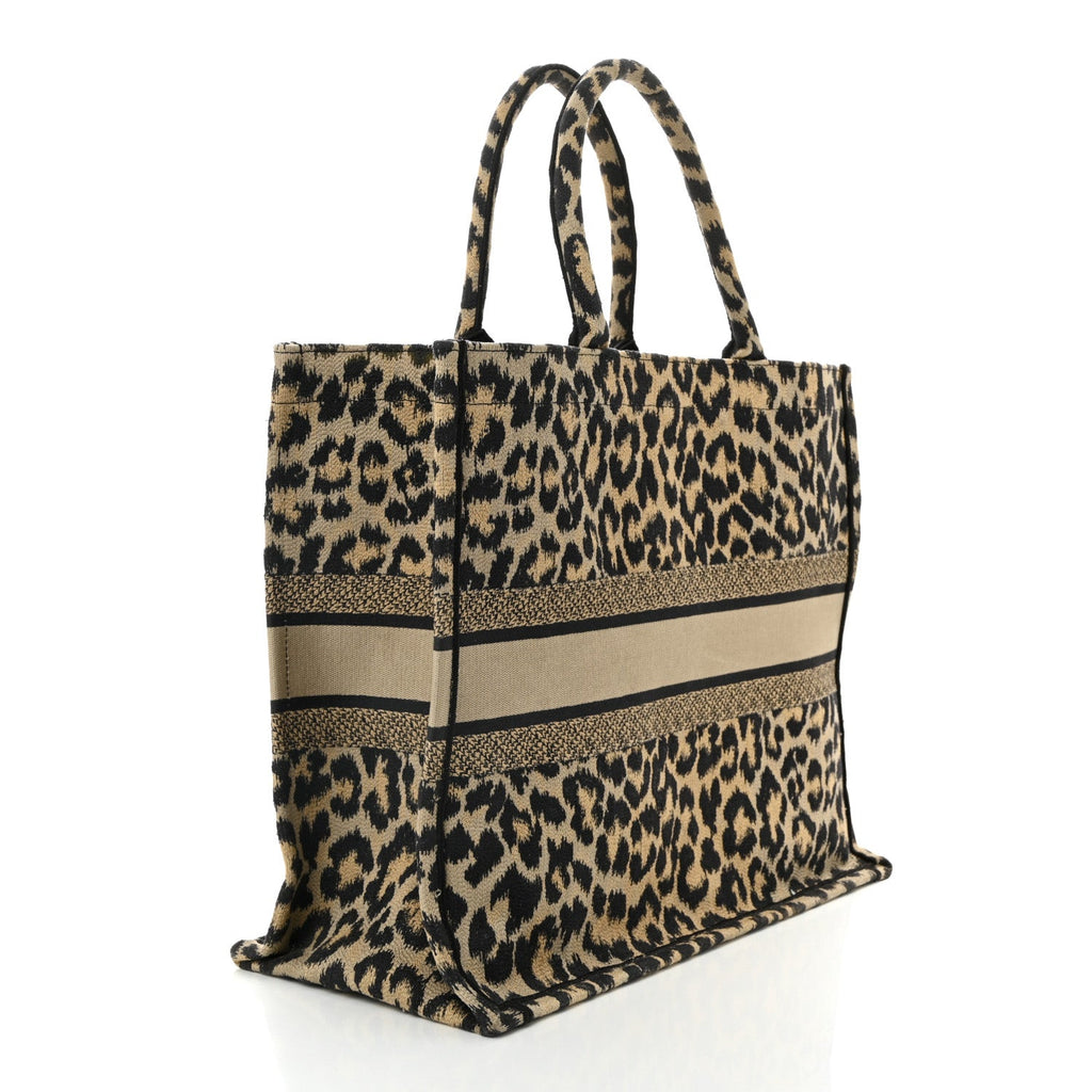 Canvas Mizza Embroidered Large Leopard Book Tote Beige