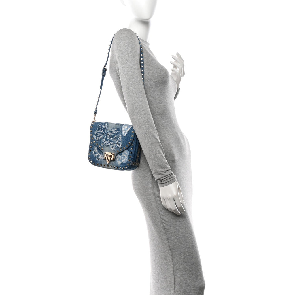 Denim Butterfly Embroidered Rockstud Shoulder Flap Messenger Bag Light Denim