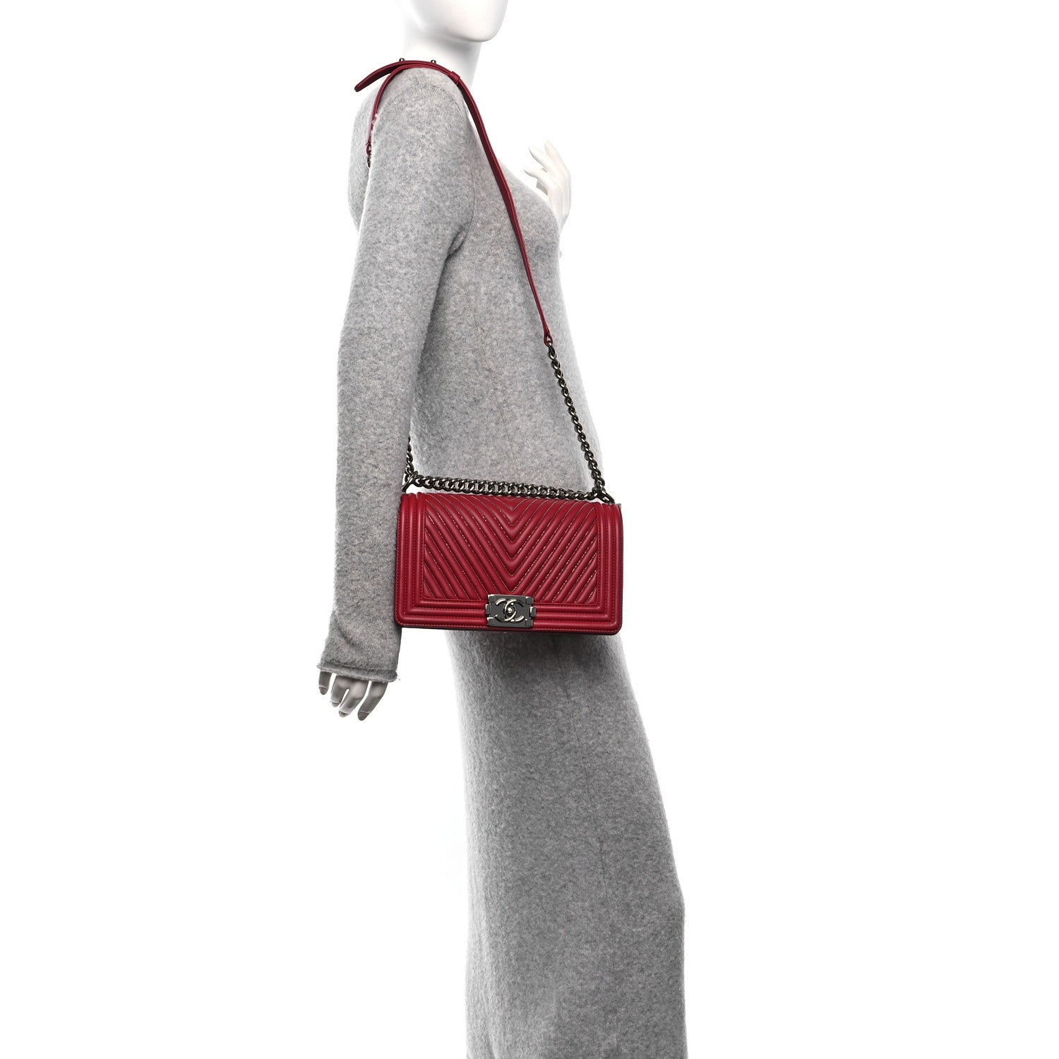 Lambskin Chevron Chain Stitched Medium Boy Flap Dark Red
