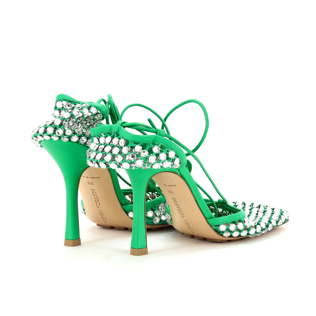 Women's Sparkle Stretch Heeled Sandals Crystal Embellished Mesh and Leather