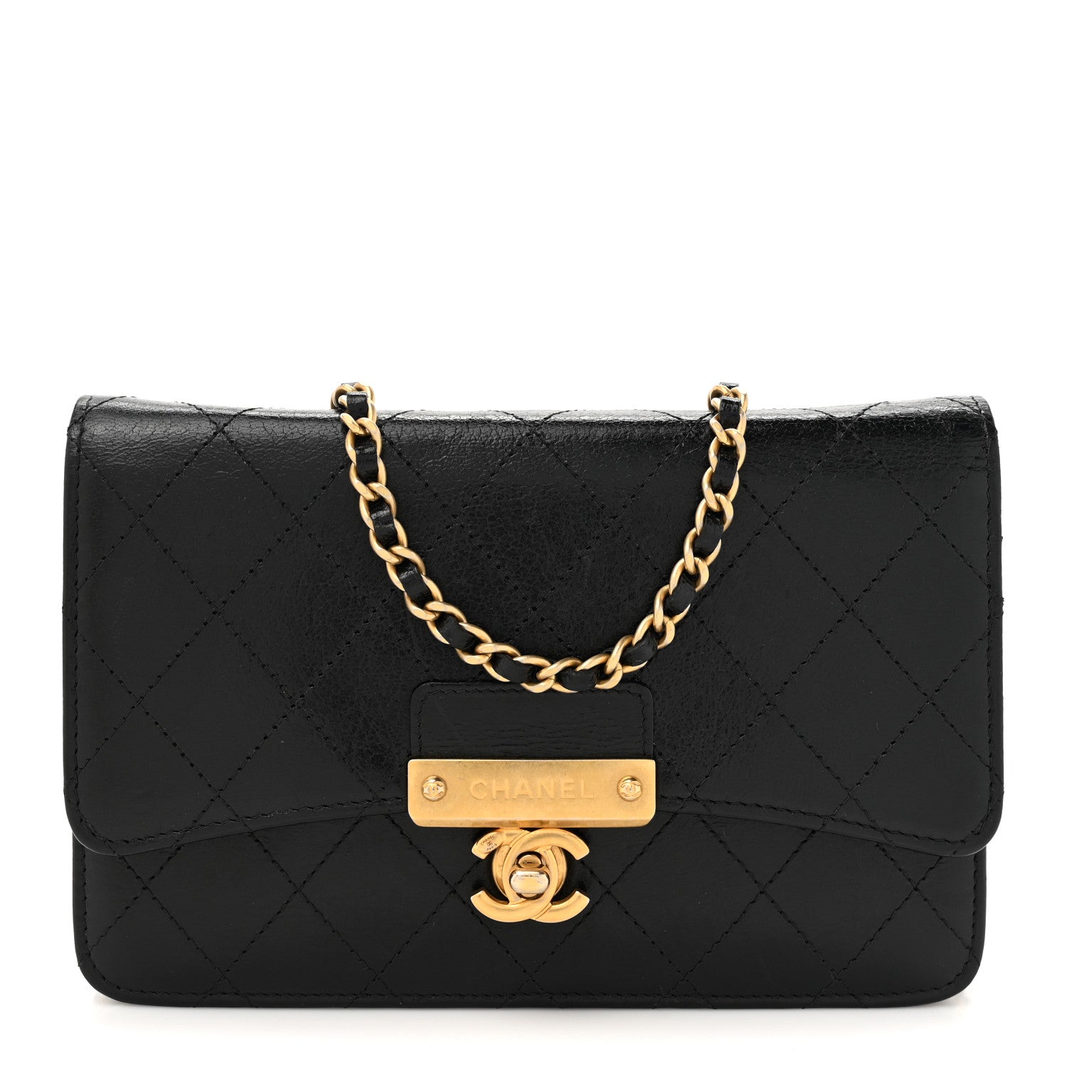 Goatskin Stitched Golden CC Wallet on Chain WOC Black