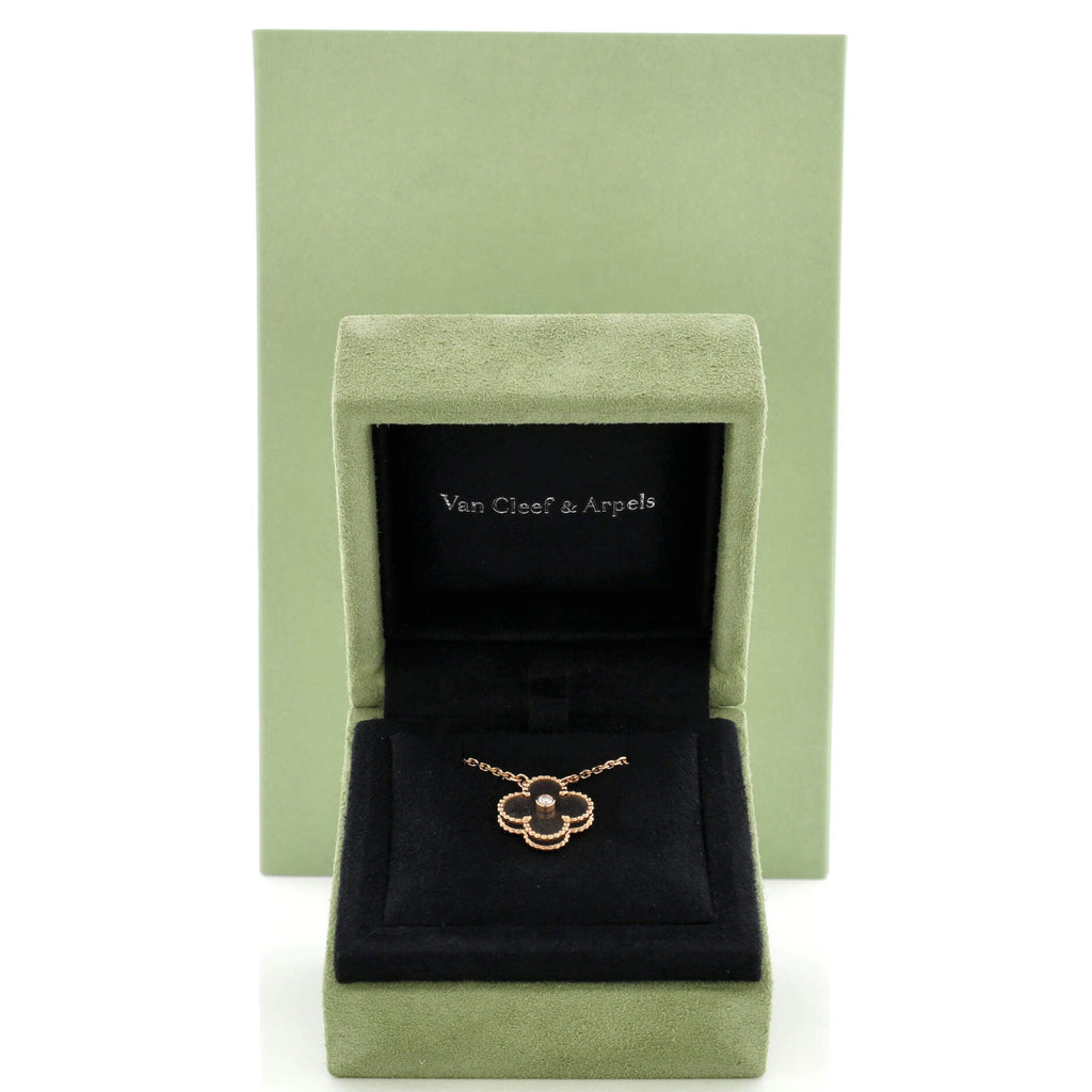 Vintage Alhambra Pendant Necklace 18K Rose Gold and Silver Obsidian with Diamond