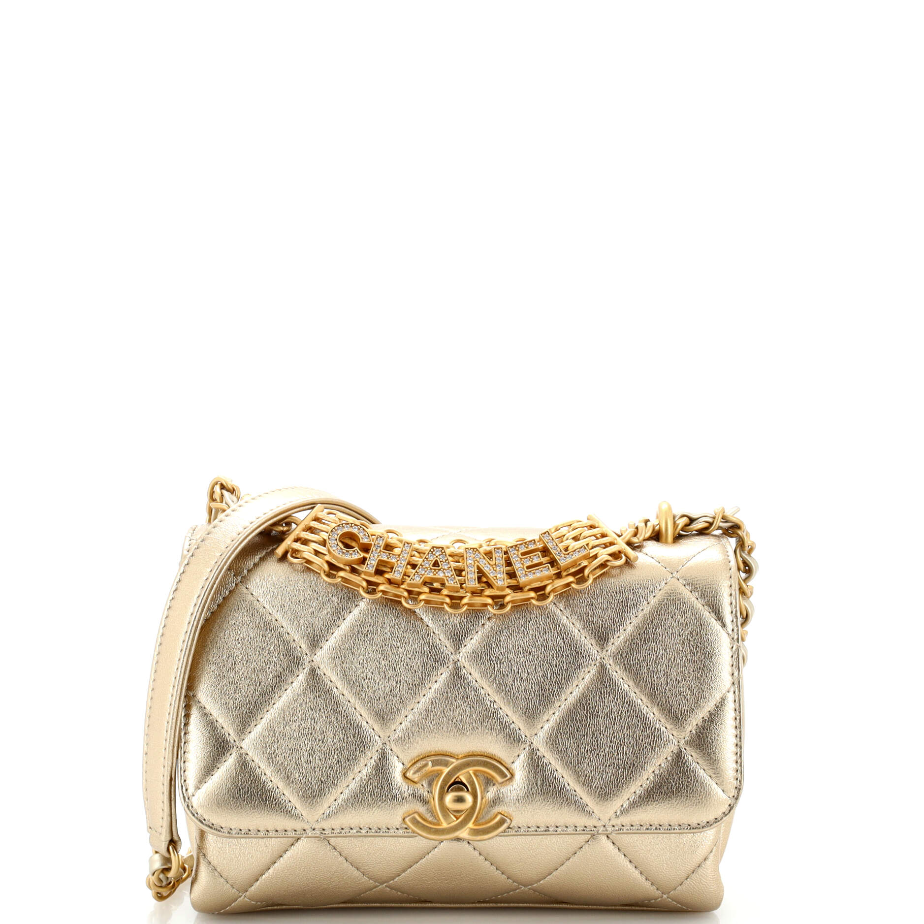 Crystal Logo Letters Chain Handle Flap Bag Quilted Lambskin Mini