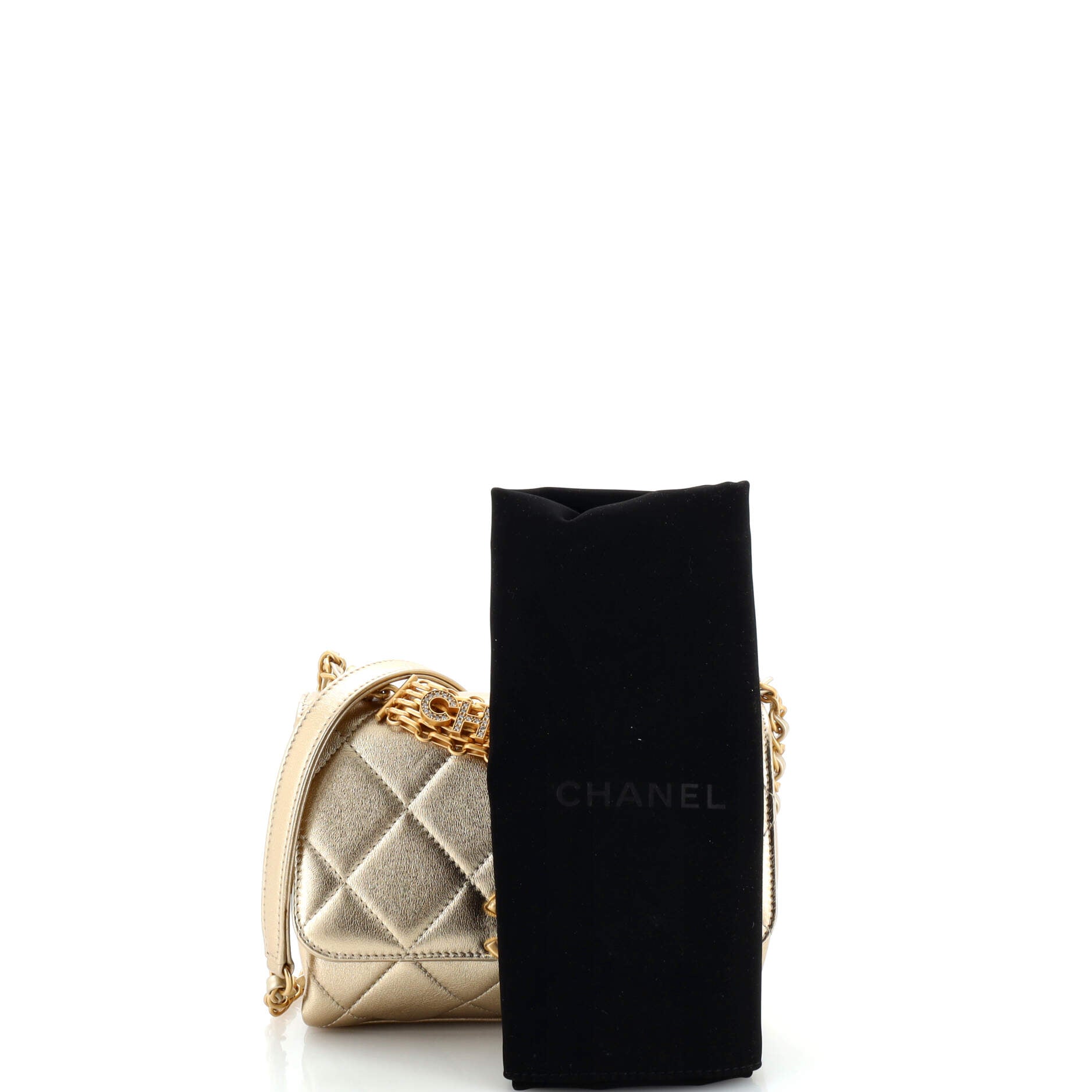 Crystal Logo Letters Chain Handle Flap Bag Quilted Lambskin Mini
