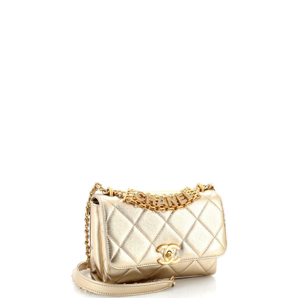 Crystal Logo Letters Chain Handle Flap Bag Quilted Lambskin Mini