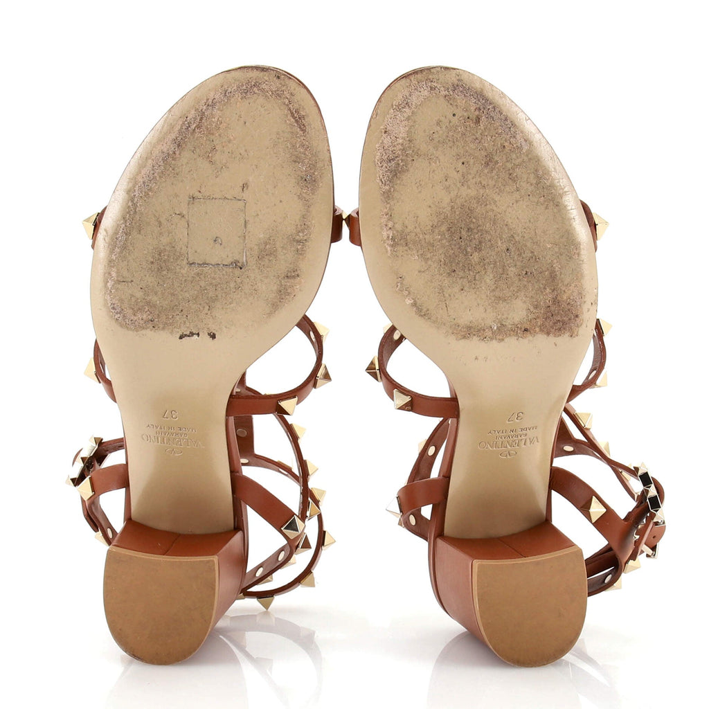 Women's Rockstud Caged Ankle Strap Block Heel Sandals Leather
