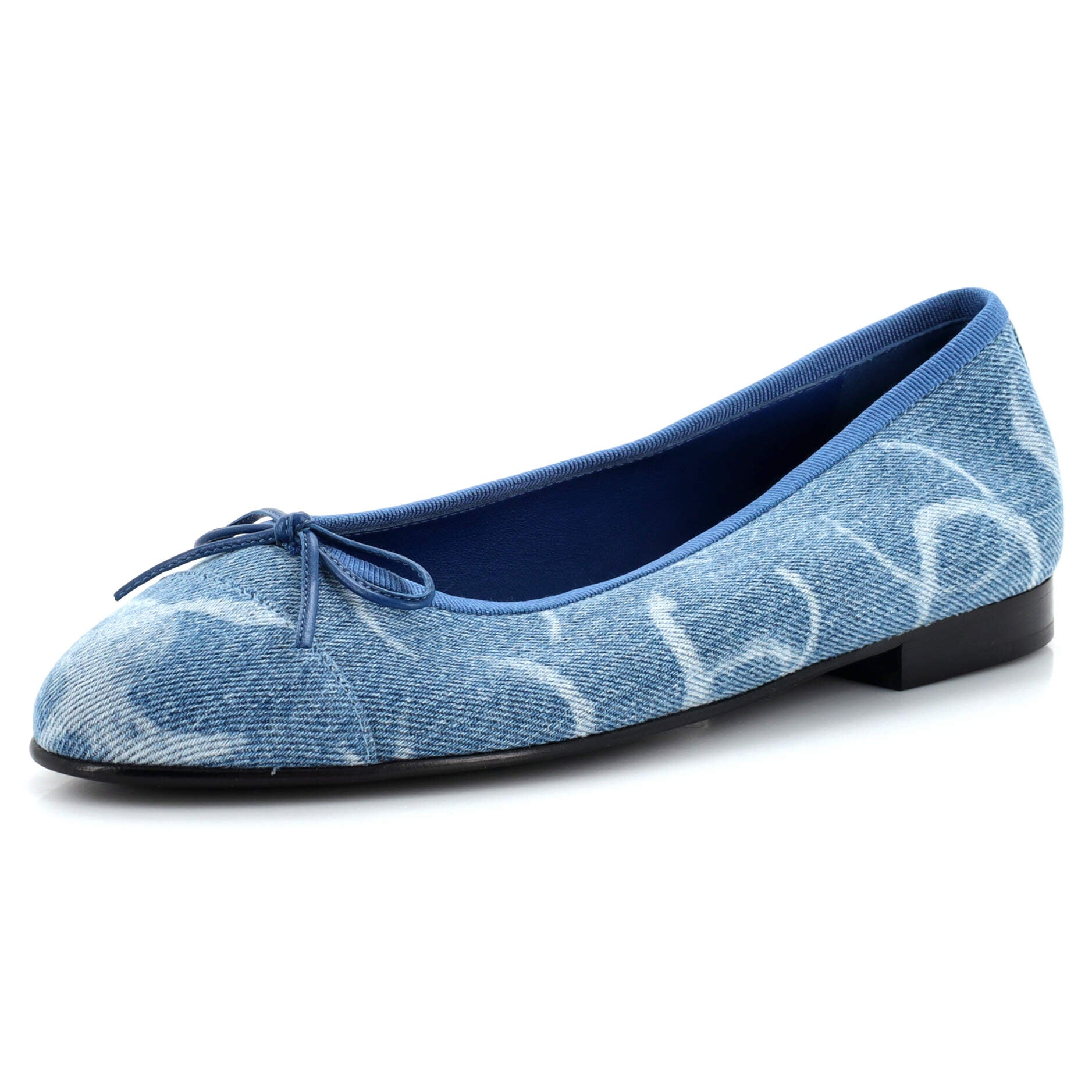 Women's Cap Toe Bow Ballerina Flats Printed Denim