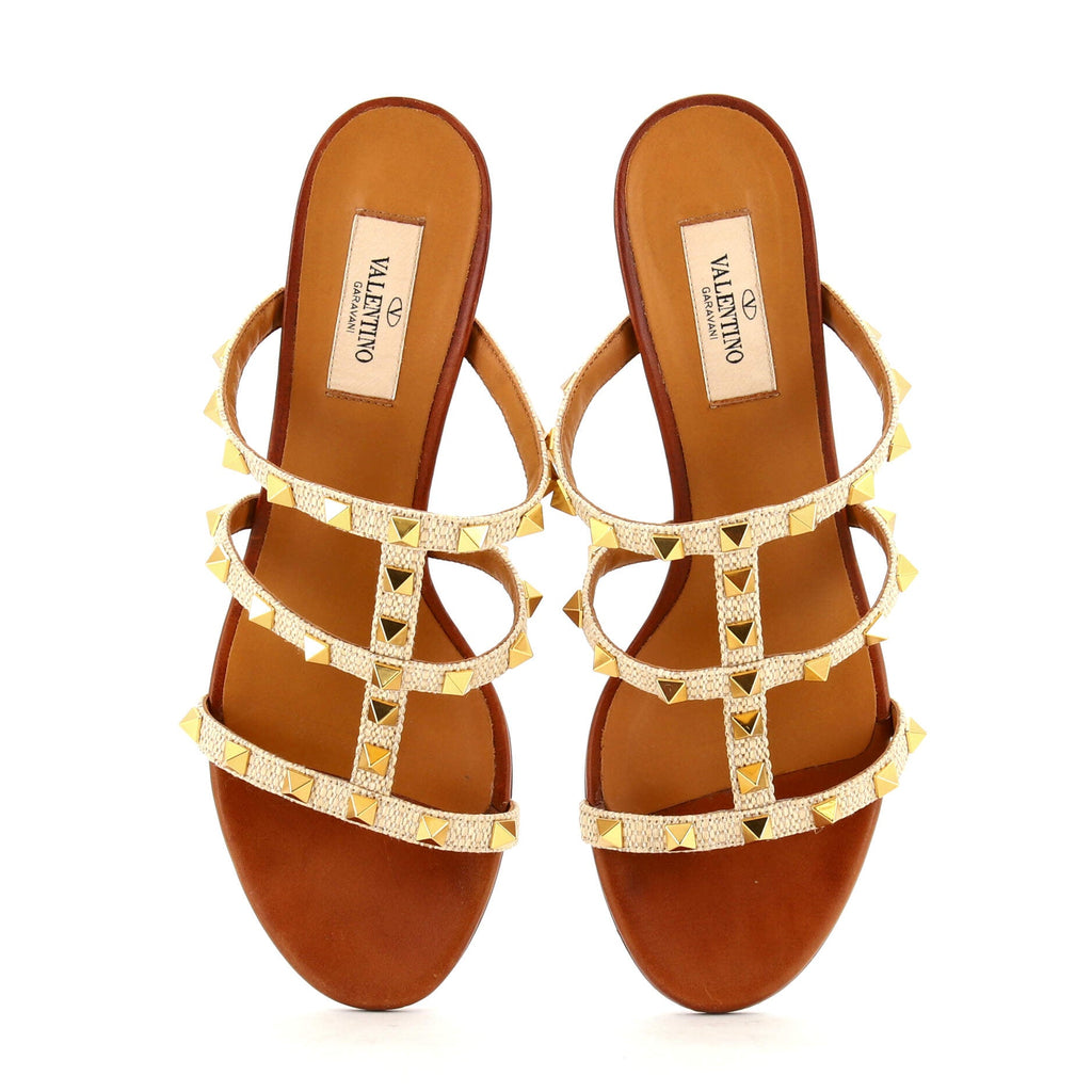 Women's Rockstud Caged Block Heel Sandals Raffia