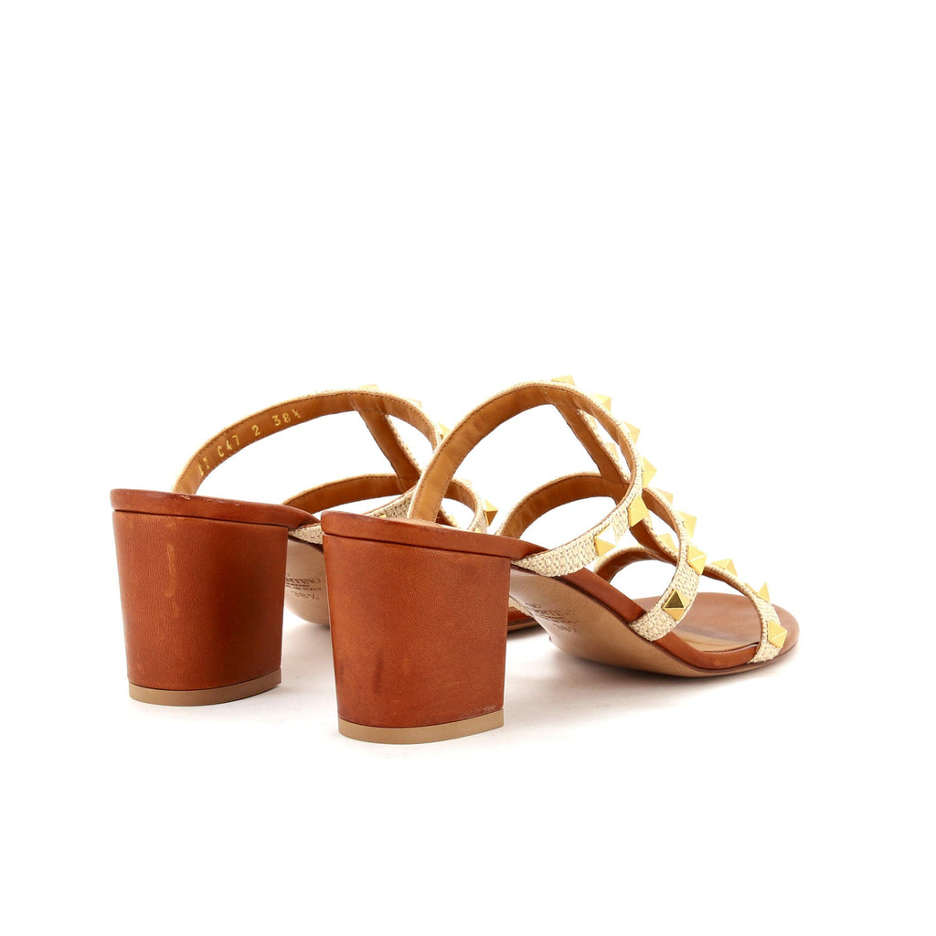 Women's Rockstud Caged Block Heel Sandals Raffia