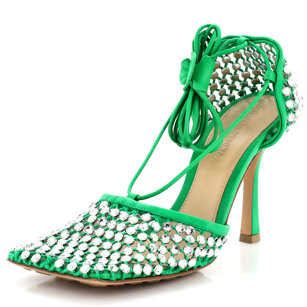 Women's Sparkle Stretch Heeled Sandals Crystal Embellished Mesh and Leather
