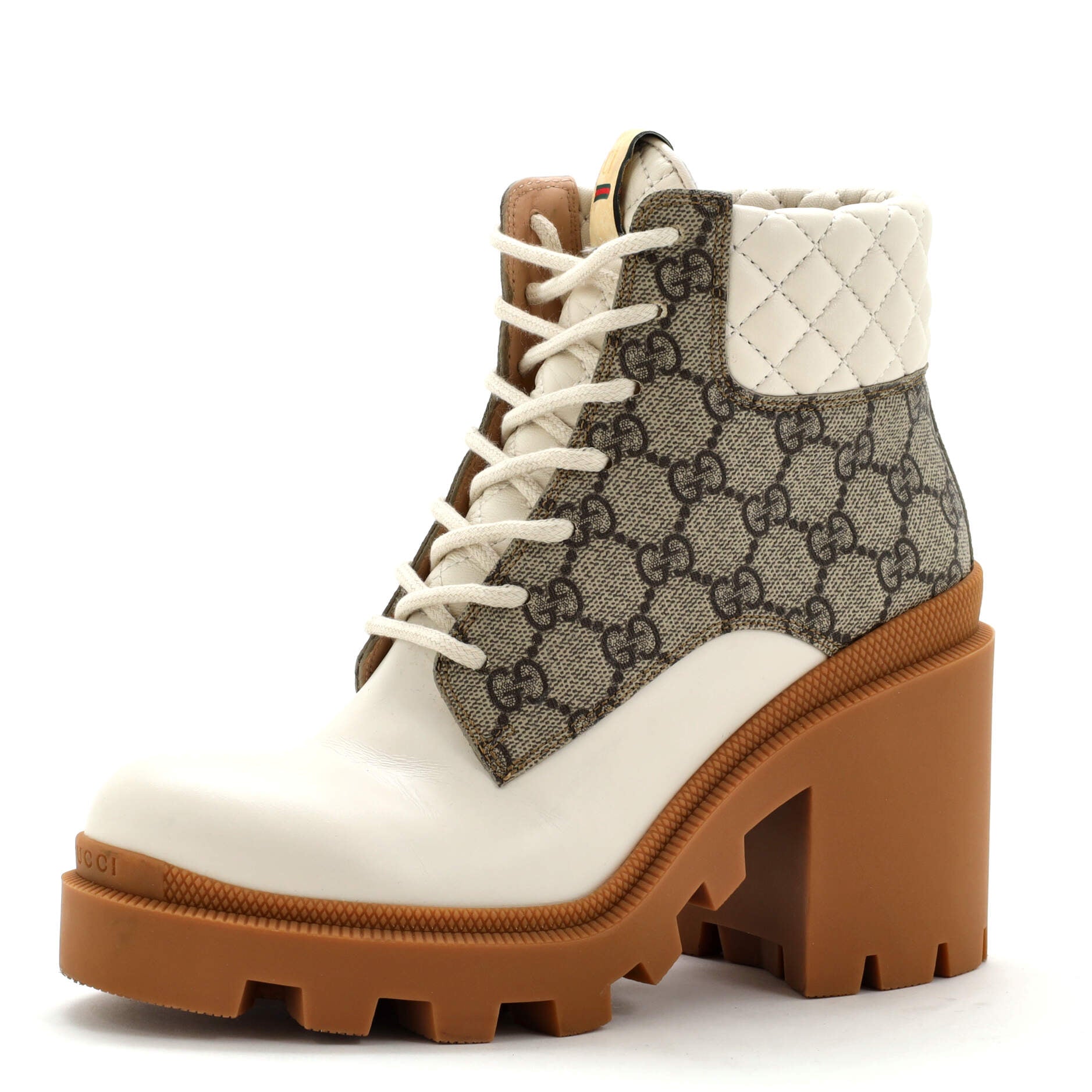 Women's Lace Up Heeled Ankle Boots GG Coated Canvas with Quilted Leather