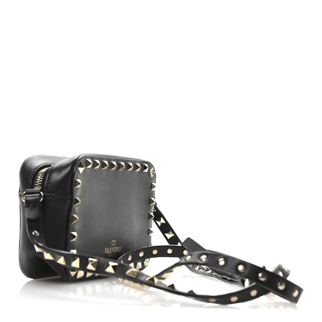 Grained Calfskin Small Rockstud Flap Pocket Camera Crossbody Bag Black
