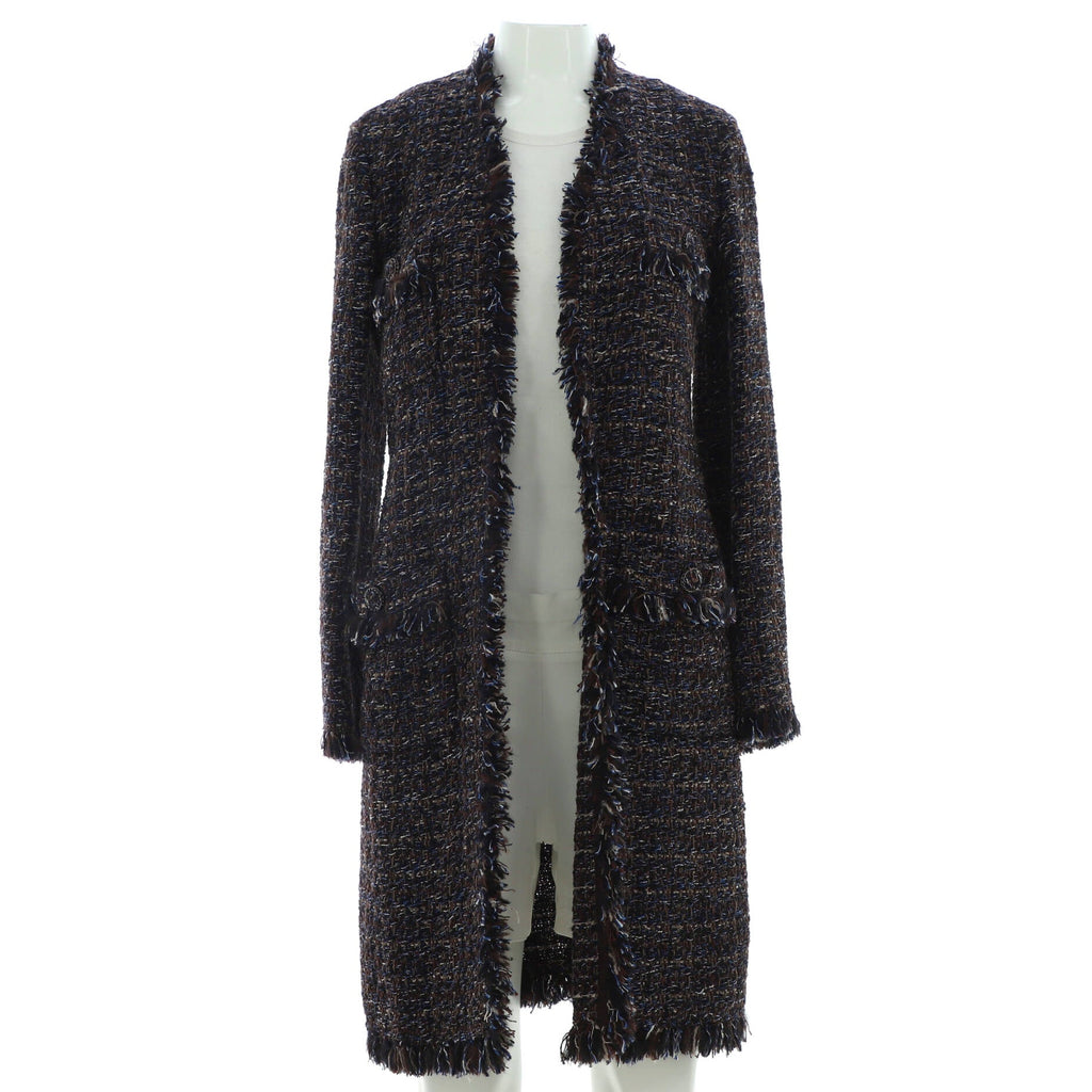 Women's Collarless Fringe Open Long Coat Tweed