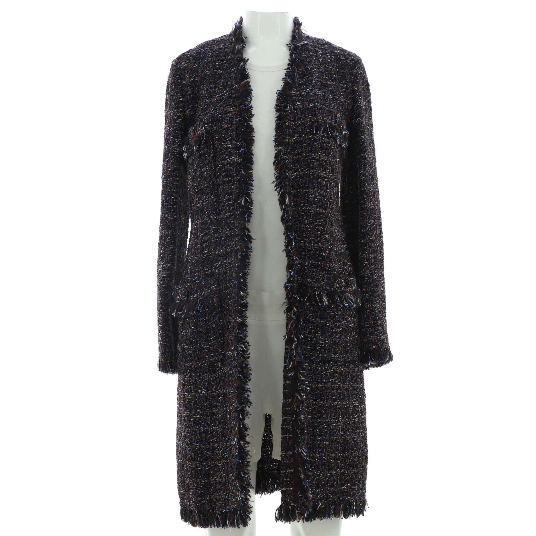 Women's Collarless Fringe Open Long Coat Tweed
