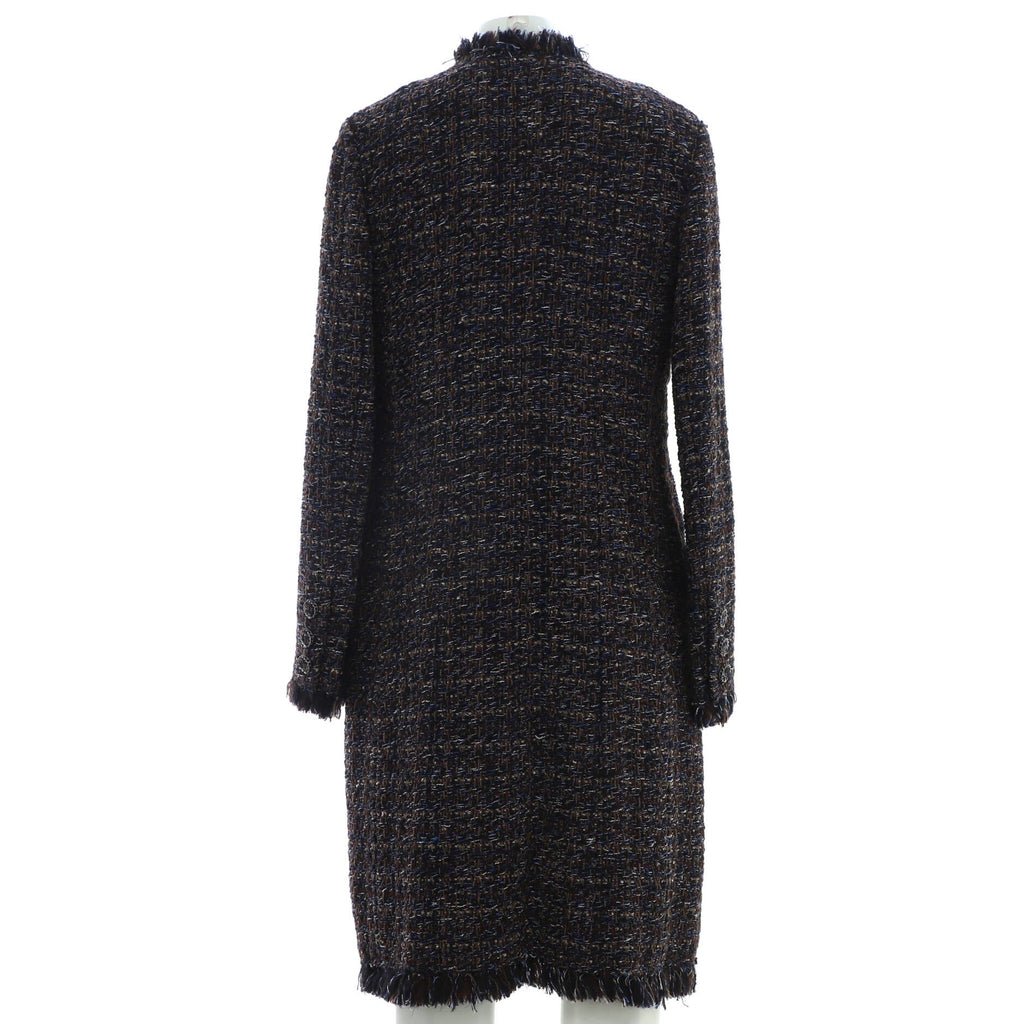 Women's Collarless Fringe Open Long Coat Tweed