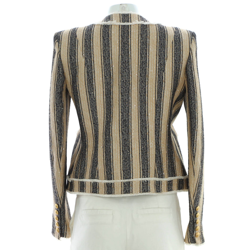Women's Striped Collarless Button Up Jacket Sequin Embellished Cotton Blend Sequin Embellished Cotton Blend