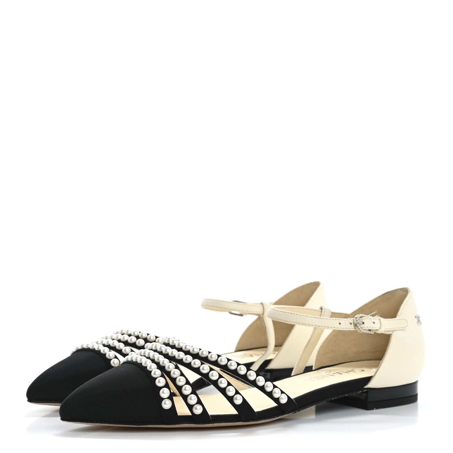 Lambskin Grosgrain Pearl Slingbacks 38.5 White Black