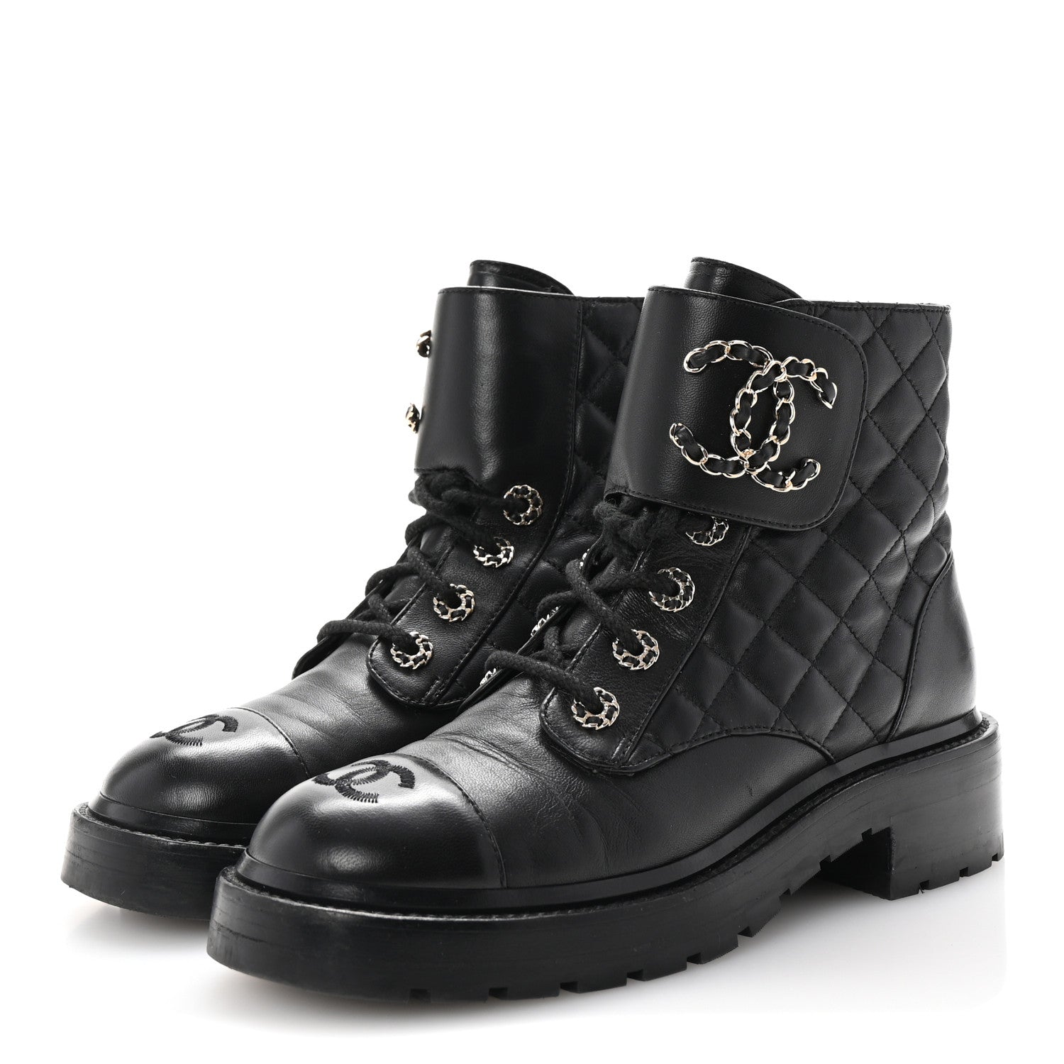 Shiny Lambskin Quilted Lace Up Combat Boots 37 Black