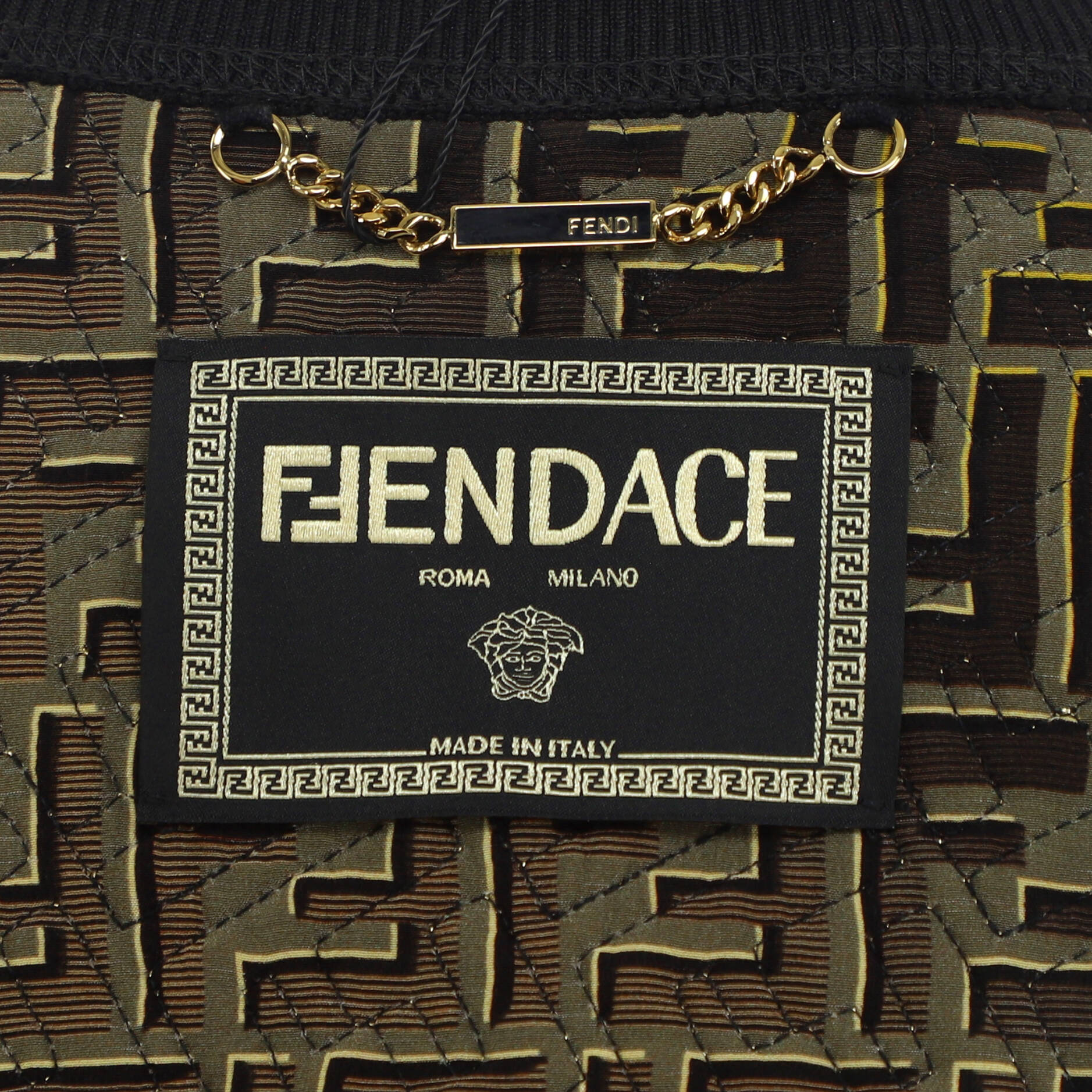 x Versace Fendace Women's Cropped Sleeve Bomber Jacket Zucca Quilted Printed Silk