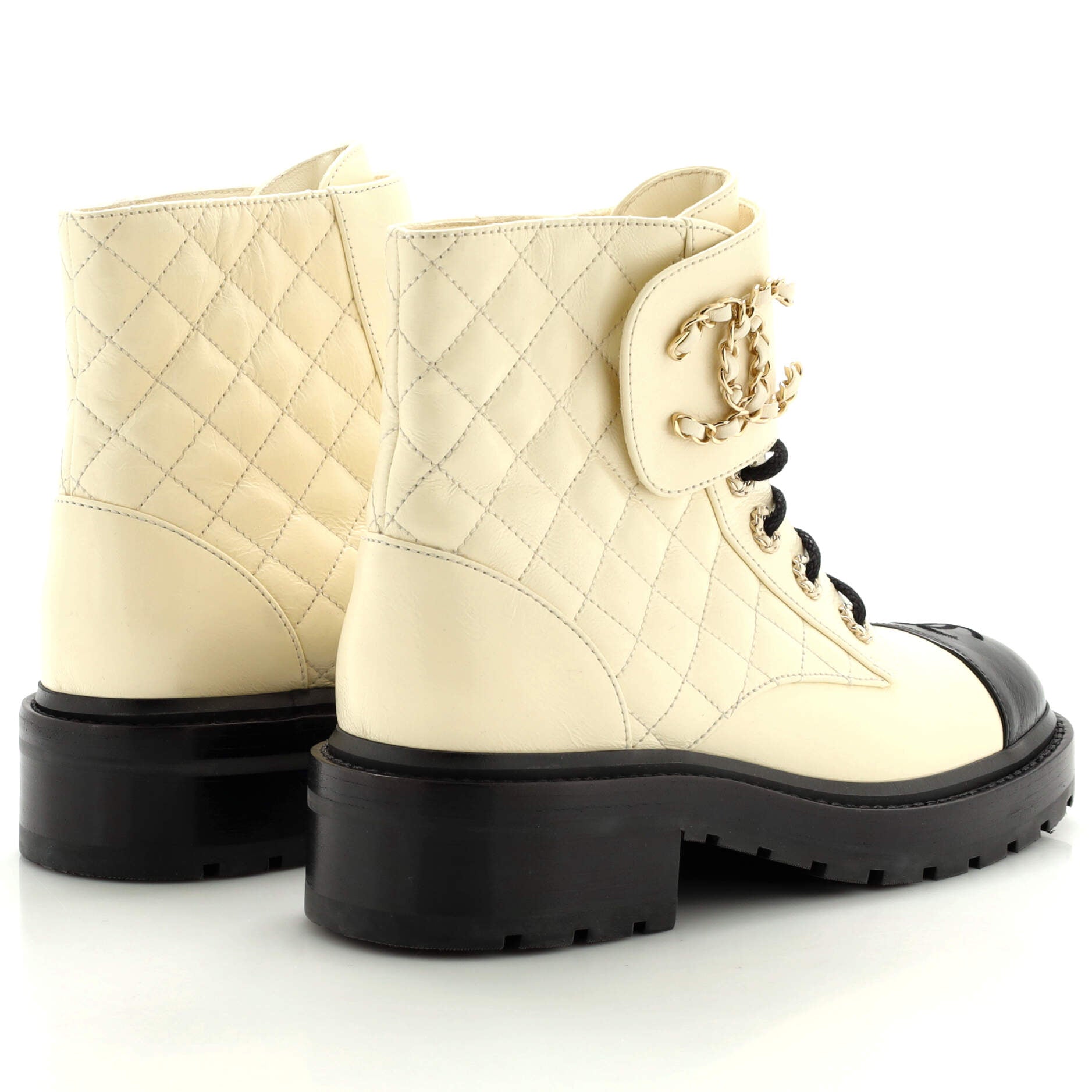 Women's Chain CC Cap Toe Lace Up Combat Boots Quilted Shiny Calfskin