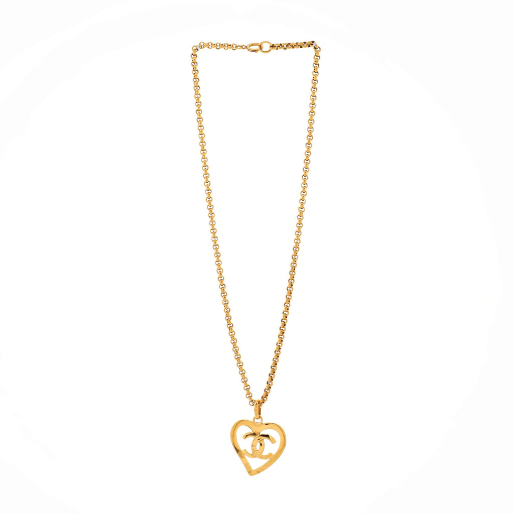 Vintage CC Heart Pendant Long Necklace Metal