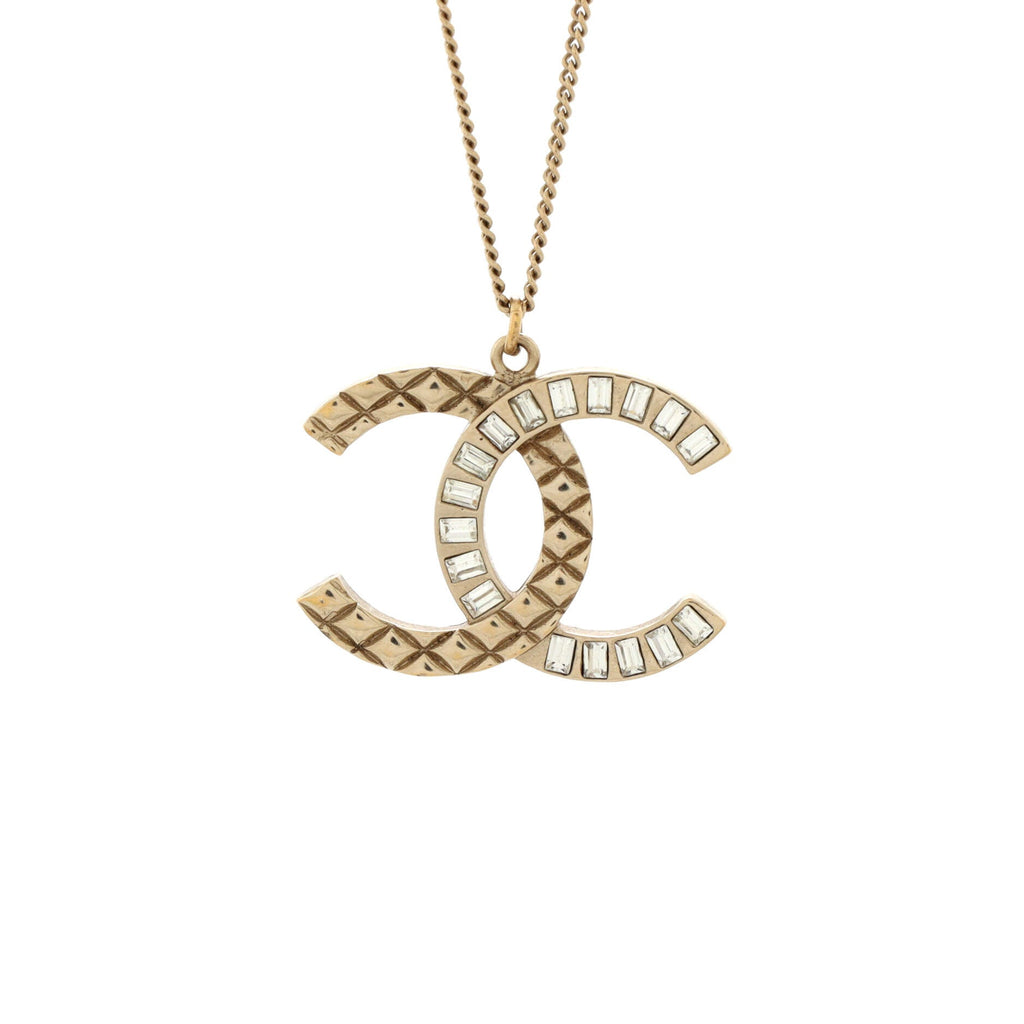 CC Quilted Baguette Pendant Necklace Metal with Crystals