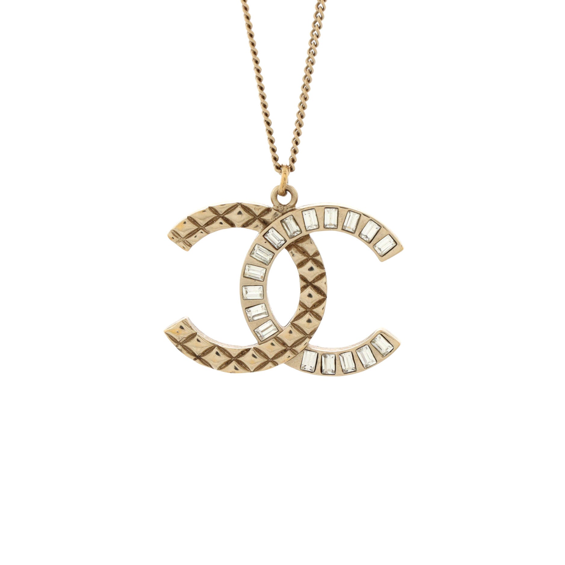 CC Quilted Baguette Pendant Necklace Metal with Crystals