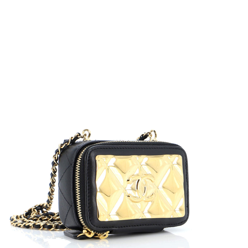 Golden Plate Zip Around Vanity Case with Chain Quilted Metal and Lambskin Extra Mini