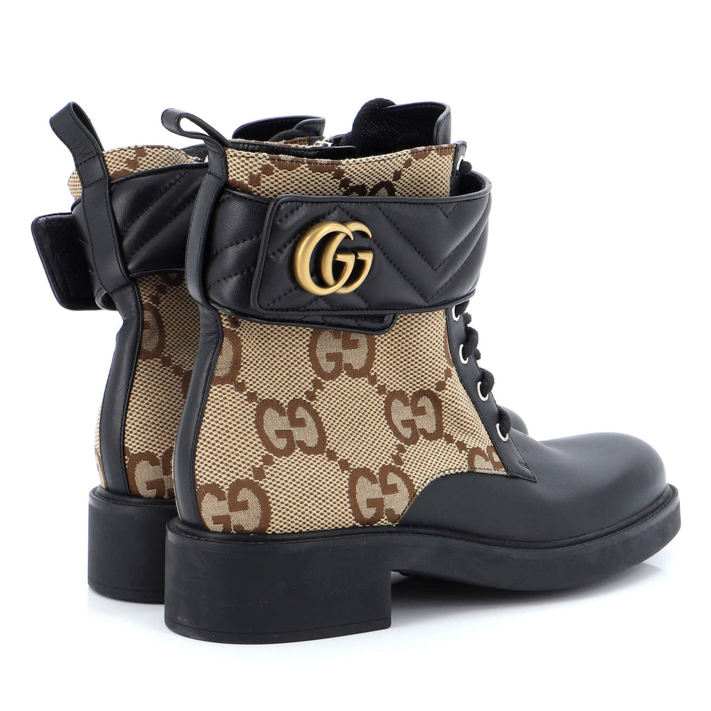 Women's GG Marmont Lace Up Ankle Boots Jumbo GG Canvas and Leather