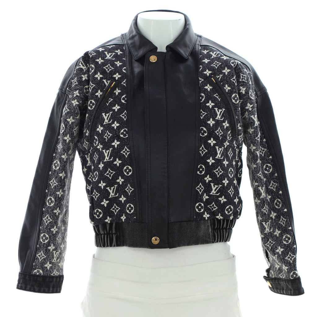 Women's Bomber Jacket Monogram Jacquard Denim with Leather